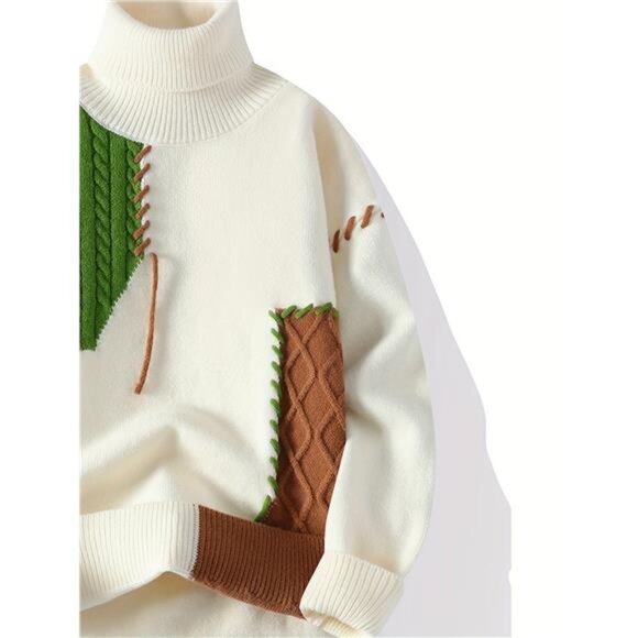 Men's Slim Fit Geometric Pattern Knit Pullover Sweater - High Neck Long Sleeve, - Picture 5 of 5